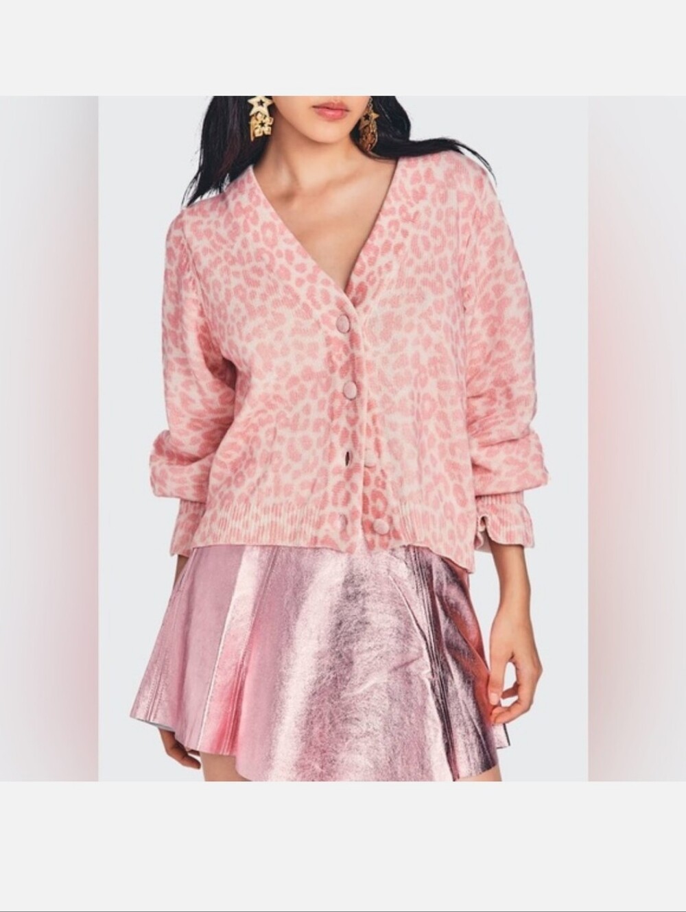 LoveShackFancy, Boscom Pink Leopard V-Neck Button Cardigan